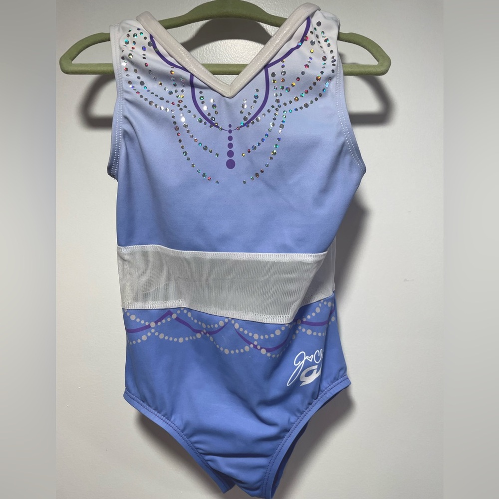 GK Blue and White Girls Gymnastics Leotard with Rhinestones